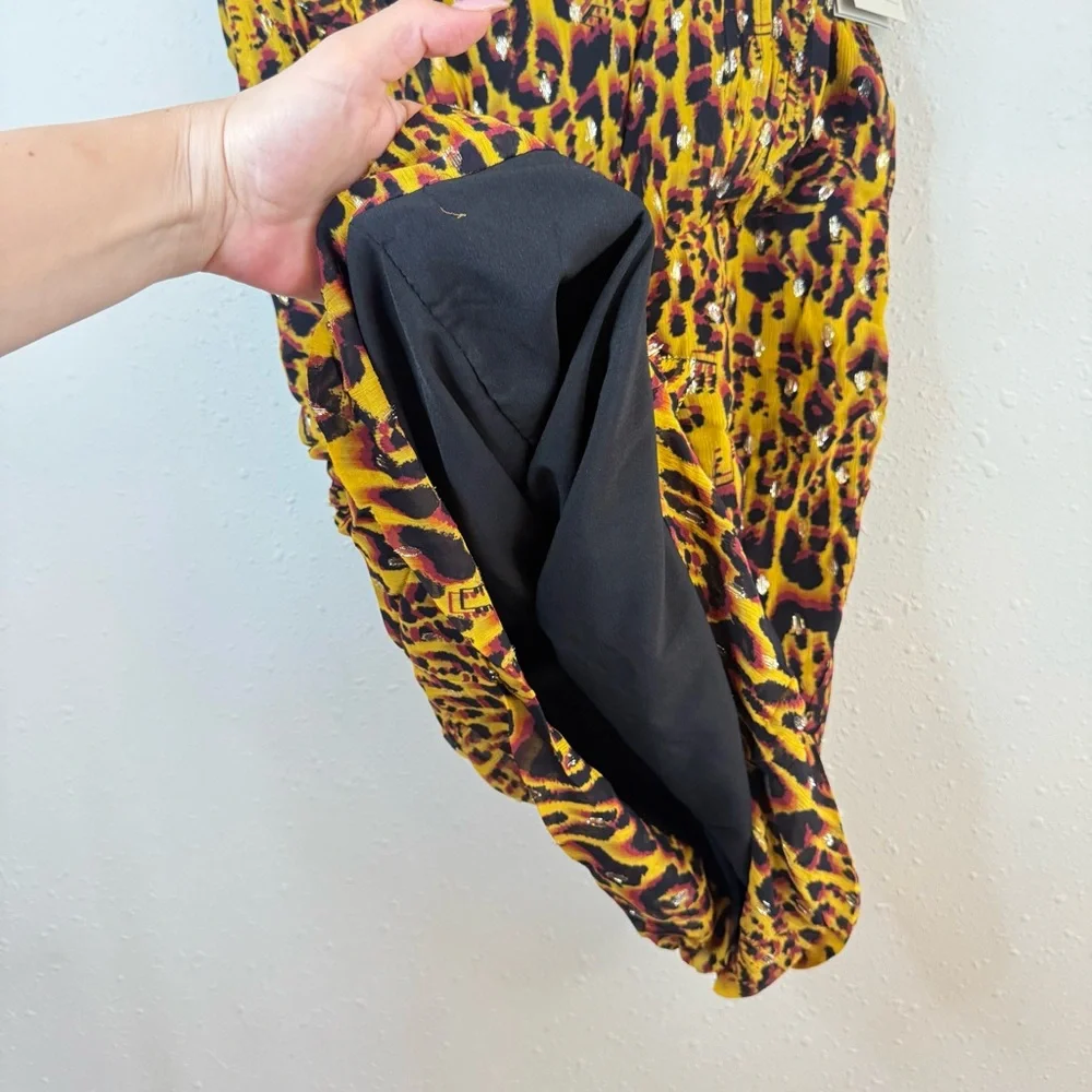 All Saints Hali Pleated Leopard Notes Yellow Multi Mini Dress Size 8 NWT - Picture 15 of 16